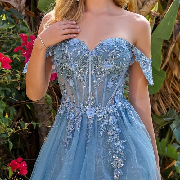 New Off The Shoulder A-Line Mesh Gown w/ Floral Applqiue & Layered Skirt GL3719 - Picture 5 of 14